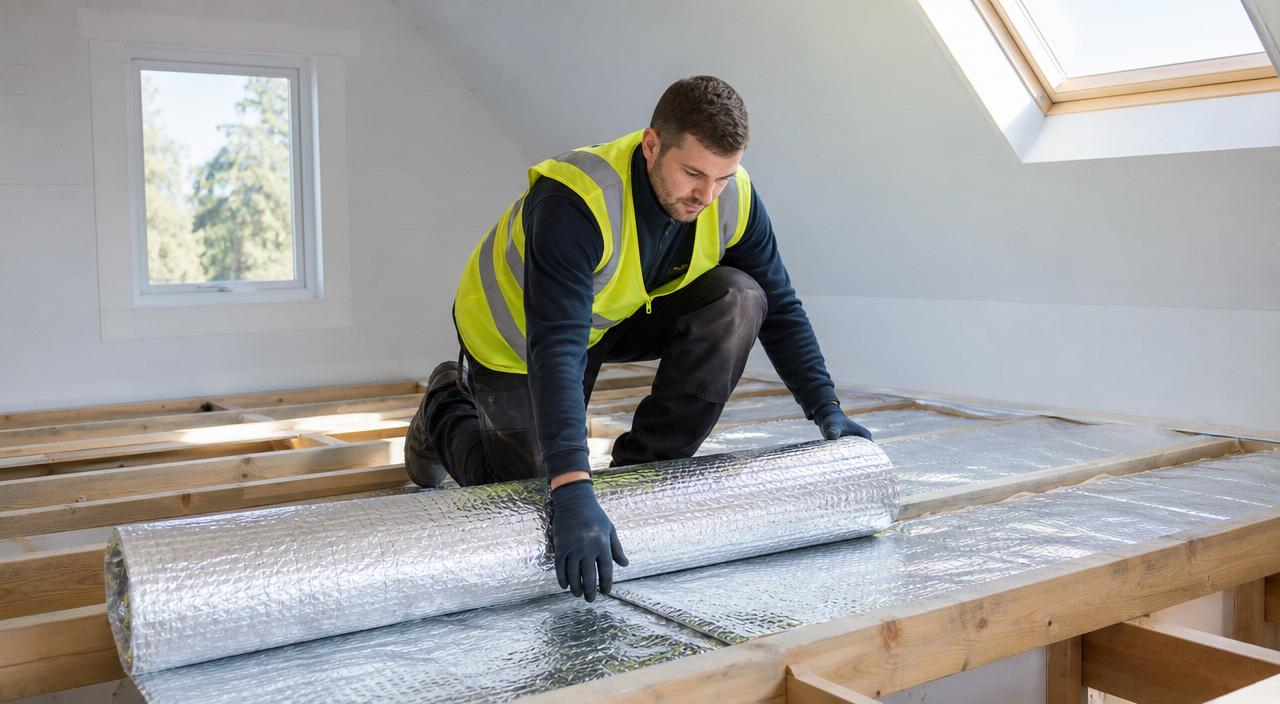 Insulation professional working in an attic